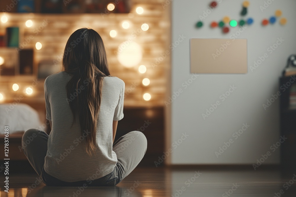 Teenage girl with long hair sitting cross legged on bedroom floor, surrounded by glowing string lights, reflecting in soft, moody ambiance