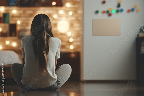 Obraz na płótnie Teenage girl with long hair sitting cross legged on bedroom floor, surrounded by glowing string lights, reflecting in soft, moody ambiance w salonie