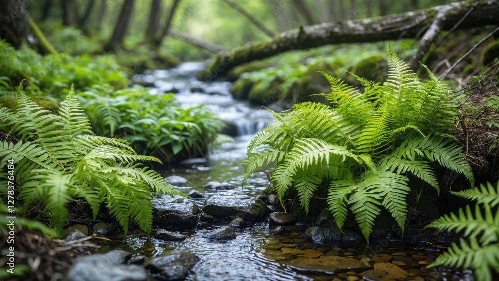 Lush Green Ferns Along a Tranquil Stream in a Forest During Springtime Lush Green Ferns Along a Tranquil Stream in a Forest During Springtime