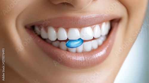 Close-up of a person smiling with a blue gel capsule resting on their teeth, symbolizing health, wellness, and the importance of vitamins in daily life and personal care. photo