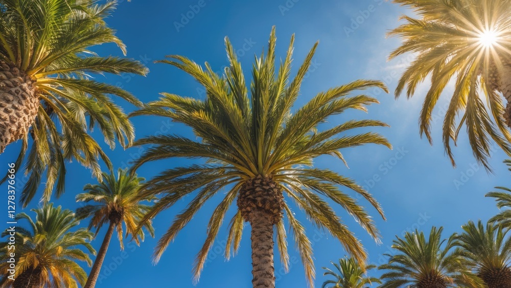 Tropical Yucca Palm Trees Under Bright Summer Sunlight With Clear Blue Skies And Space For Text Or Design Elements Tropical Yucca Palm Trees Under Bright Summer Sunlight With Clear Blue Skies And Space For Text Or Design Elements