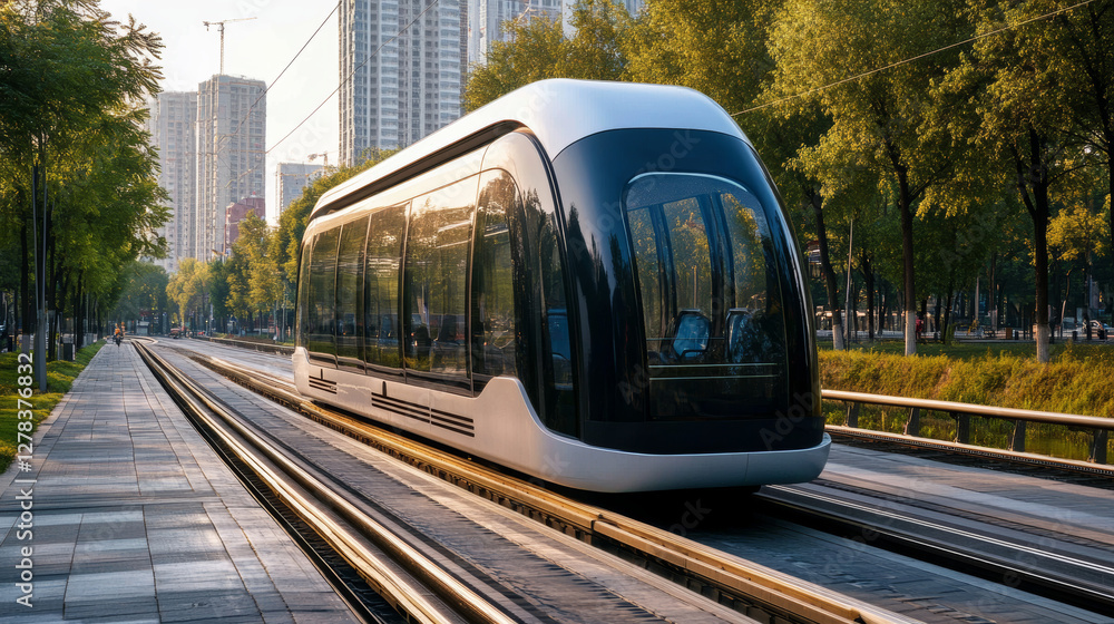 Naklejka premium Future of smart transport system banner. Concept of innovation technologies in transport infrastructure. Vector isometric illustration of futuristic city with railway and AI brain