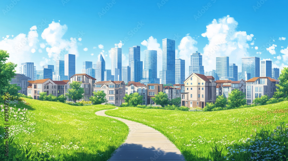 Obraz premium City skyline, summer urban view background with skyscrapers, green lawn and pathway. Summertime cityscape. downtown with architecture with residential buildings panorama, Cartoon vector illustration