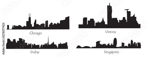 Set of skyline silhouettes of  different cities, Vienna, Chicago, Dubai, Singapore. Vlack flat vector illustrations isolated on transparent background