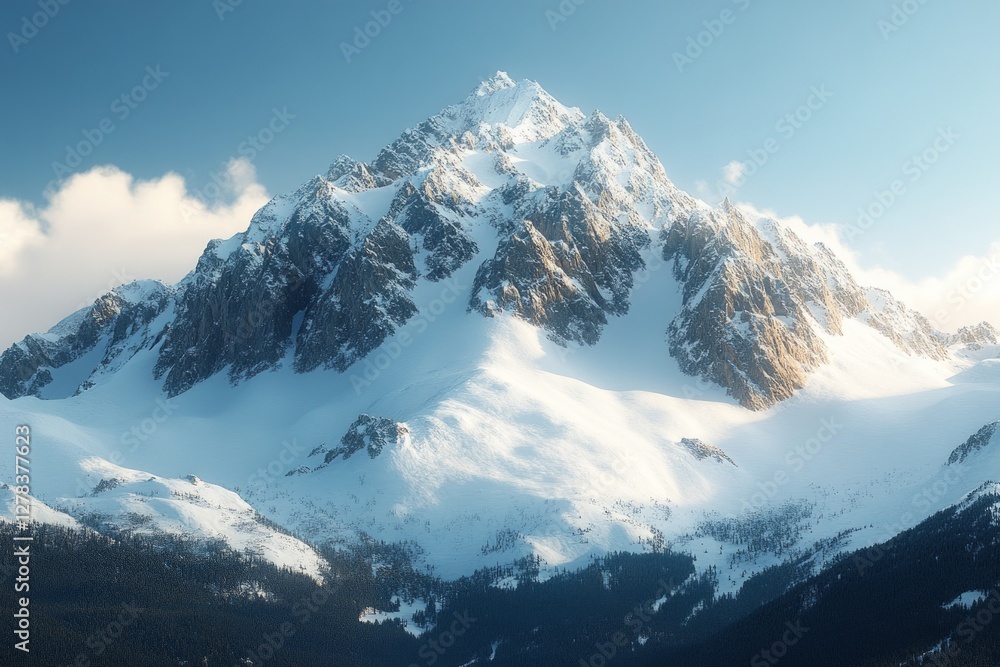Bright sunlight highlighting snow covered mountain summit, casting dramatic shadows across pristine winter terrain with serene, expansive alpine scenery