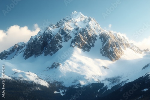 Obraz na płótnie Bright sunlight highlighting snow covered mountain summit, casting dramatic shadows across pristine winter terrain with serene, expansive alpine scenery w salonie