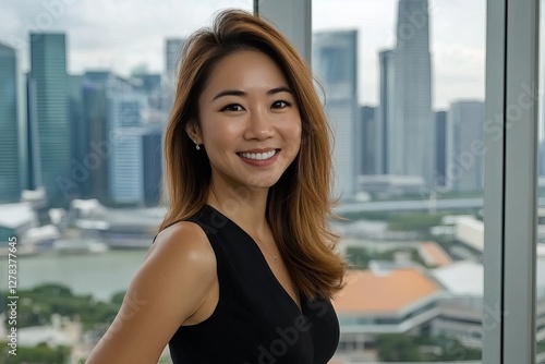 Free Download Confident Young Asian Businesswoman Smiling Modern Cityscape Background Professional Portrait Successful Entrepreneur Executive Woman Corporate Image  - GFXLoad