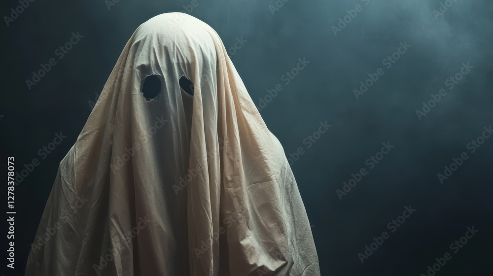 Eerie figure draped in sheet looms in shadowy ambiance waiting for the night Eerie figure draped in sheet looms in shadowy ambiance waiting for the night