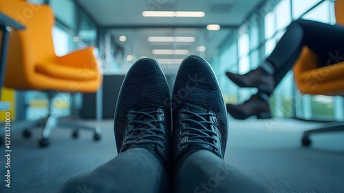 Close up view of a candidate s shoes tapping lightly under the desk during an office interview setting photo