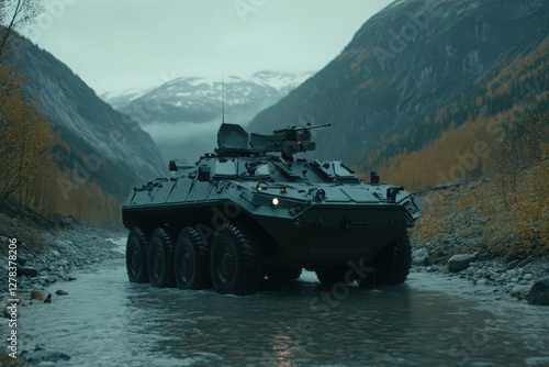 Dark Green Armored Vehicle Crossing River in Autumnal Mountain Landscape photo