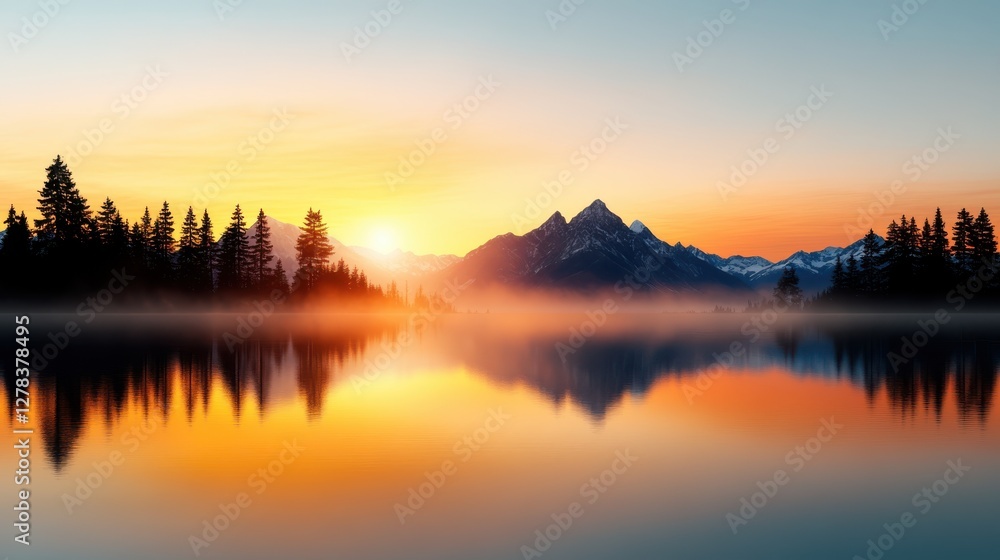 Serenity unfolds at sunset over a tranquil lake and majestic mountains Serenity unfolds at sunset over a tranquil lake and majestic mountains