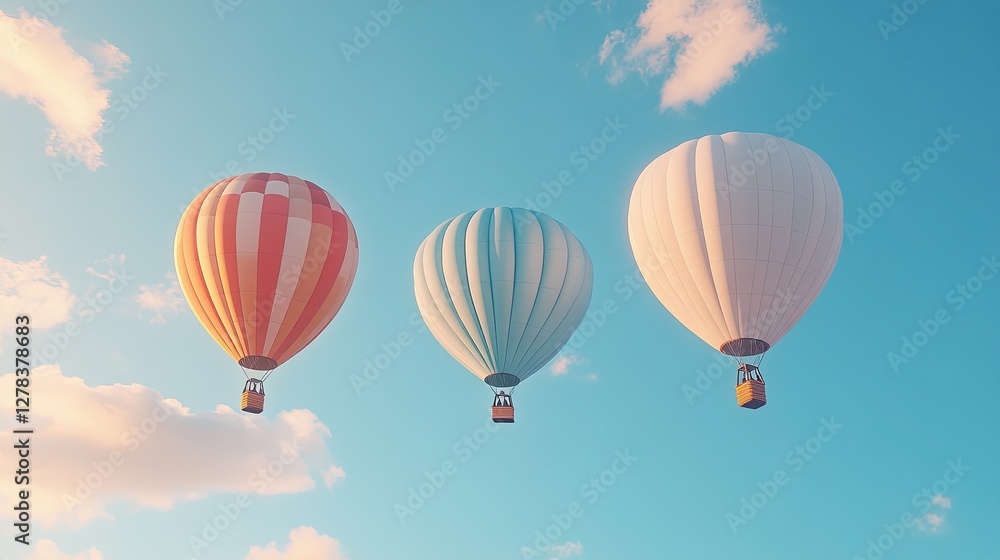 Three Colorful Hot Air Balloons Floating Gracefully Against a Bright Blue Sky Three Colorful Hot Air Balloons Floating Gracefully Against a Bright Blue Sky