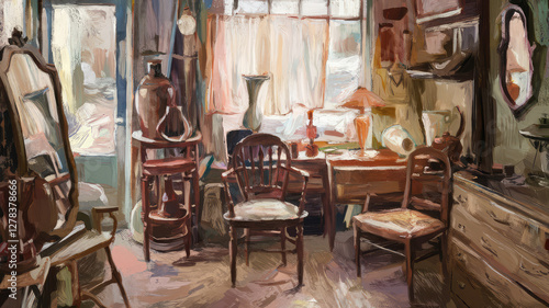 impressionistic painterly style loose painting of  interior of cluttered old fashioned house