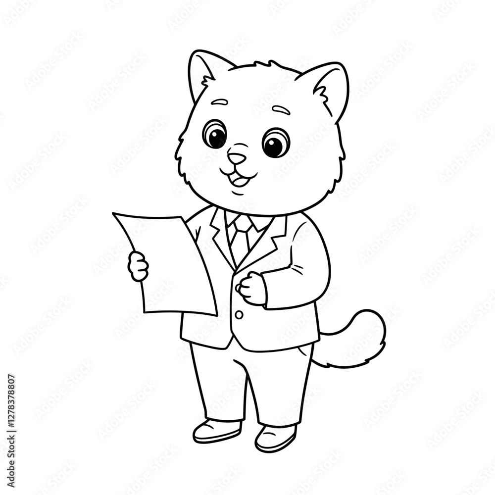 Cat in Business Suit Reading Documents, coloring Page for kids Cat in Business Suit Reading Documents, coloring Page for kids