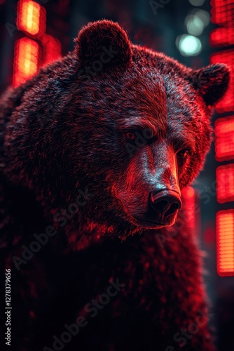 Close-up of a bear illuminated by red glowing lights photo