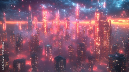 Futuristic city skyline, glowing towers, aerial view, vibrant colors, possible use for video game or movie background