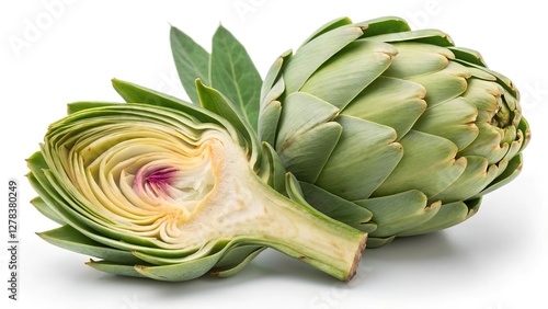 Artichoke's Allure: A close-up shot of fresh artichokes, their green leaves radiating a natural beauty, one artfully cut to reveal the tender heart within.