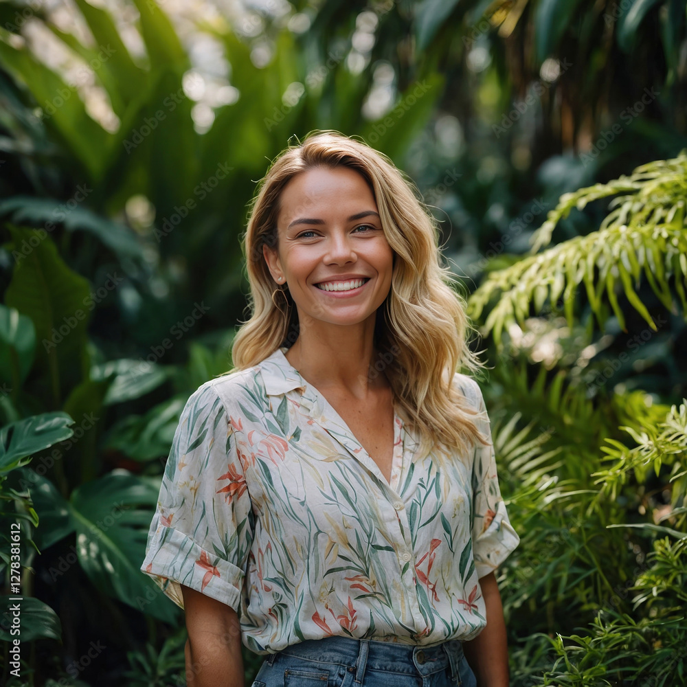 Portrait of a Woman Surrounded by Lush Greenery in a Botanical Garden: A Serene and Natural Setting Portrait of a Woman Surrounded by Lush Greenery in a Botanical Garden: A Serene and Natural Setting