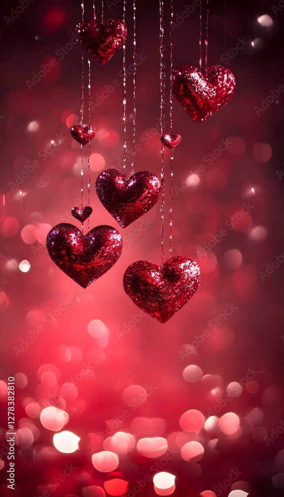 Glittering red hearts dangle against a backdrop of soft bokeh Glittering red hearts dangle against a backdrop of soft bokeh