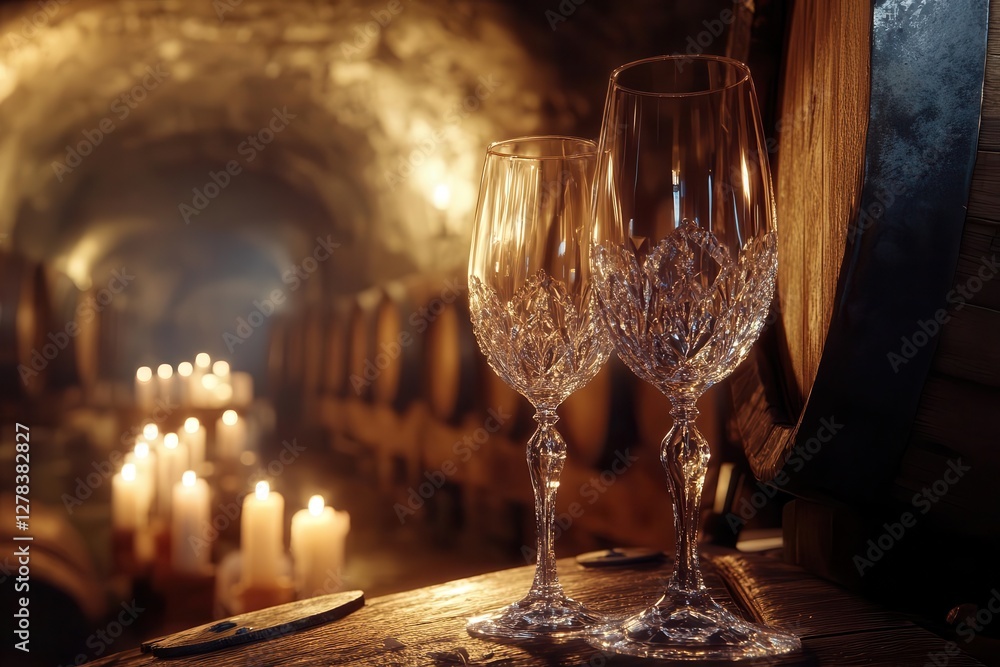 elegant wine tasting scene with crystal stemware catching candlelight, soft bokeh effect on vintage barrel room background