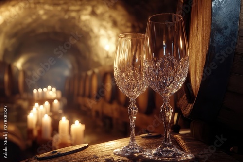 elegant wine tasting scene with crystal stemware catching candlelight, soft bokeh effect on vintage barrel room background