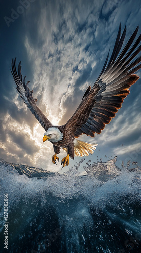 A powerful eagle diving through the sky above the ocean, capturing its prey with sharp claws, showcasing speed, agility, and the majesty of wildlife in flight. photo