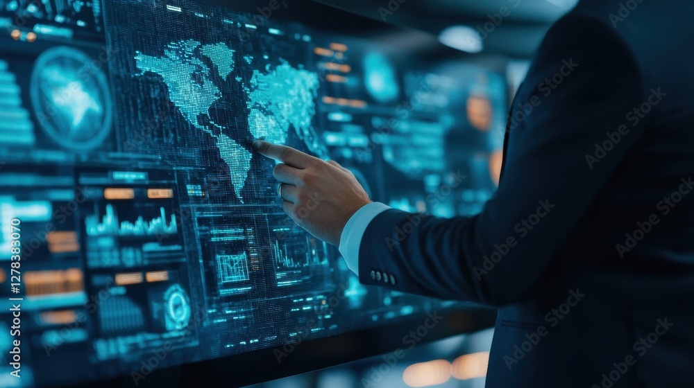 A business professional interacts with a digital map interface, showcasing data analytics and global insights in a modern, high-tech environment. A business professional interacts with a digital map interface, showcasing data analytics and global insights in a modern, high-tech environment.