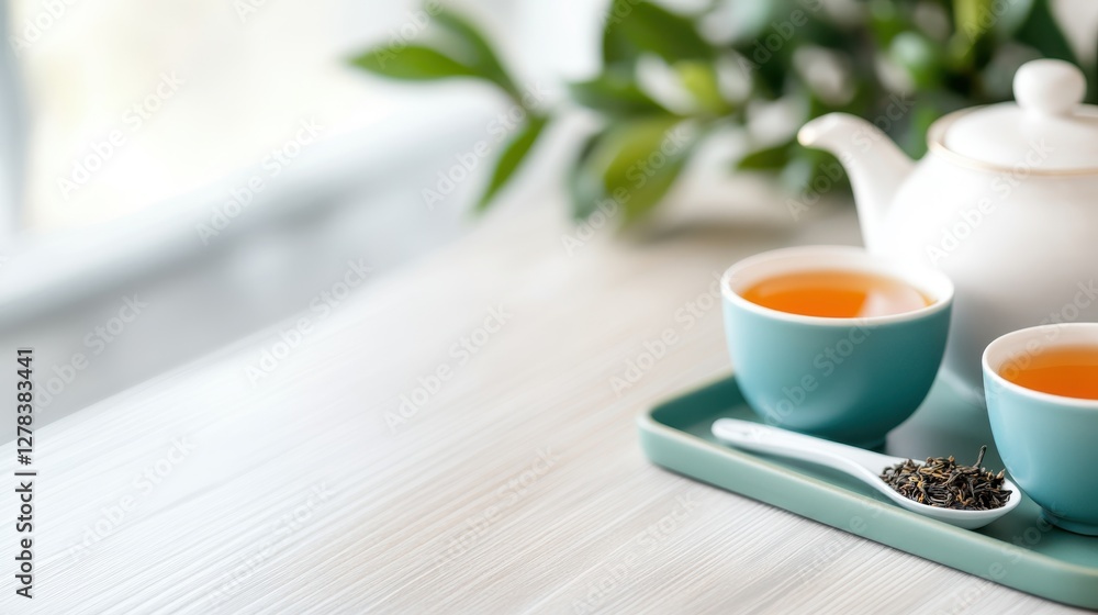 Enjoying a serene tea ceremony with a white teapot and turquoise cups Enjoying a serene tea ceremony with a white teapot and turquoise cups