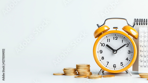 yellow alarm clock sits beside calendar and stack of coins, symbolizing time management and financial planning. scene conveys sense of organization and productivity