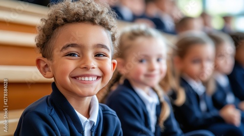 Joyful children share smiles on school staircase during lunchtime fun