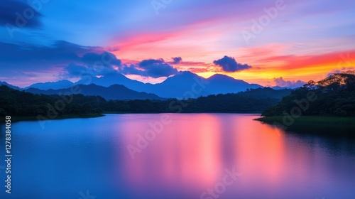 Wallpaper Mural A serene sunset over a tranquil lake, framed by majestic mountains and vibrant colors reflecting on the water. Torontodigital.ca