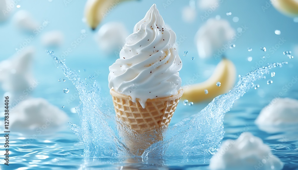 Frozen dessert splash, banana background Frozen dessert splash, banana background