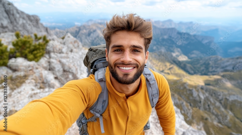 Young hiker enjoys breathtaking mountain views while capturing a joyful selfie Young hiker enjoys breathtaking mountain views while capturing a joyful selfie