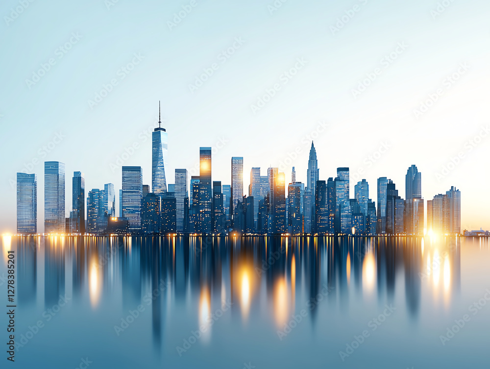 Fototapeta premium Stunning panoramic view of Manhattan illuminated skyline reflecting on water, showcasing modern architecture and vibrant city lights at dusk