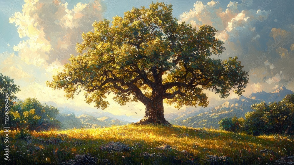 Fototapeta premium Majestic oak tree standing tall in serene landscape during golden hour nature photography outdoor serenity