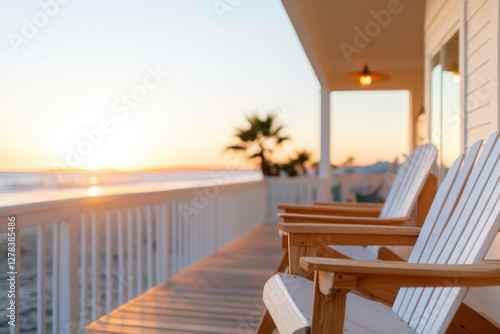 Wooden chairs on beach house deck enjoying golden sunset over ocean