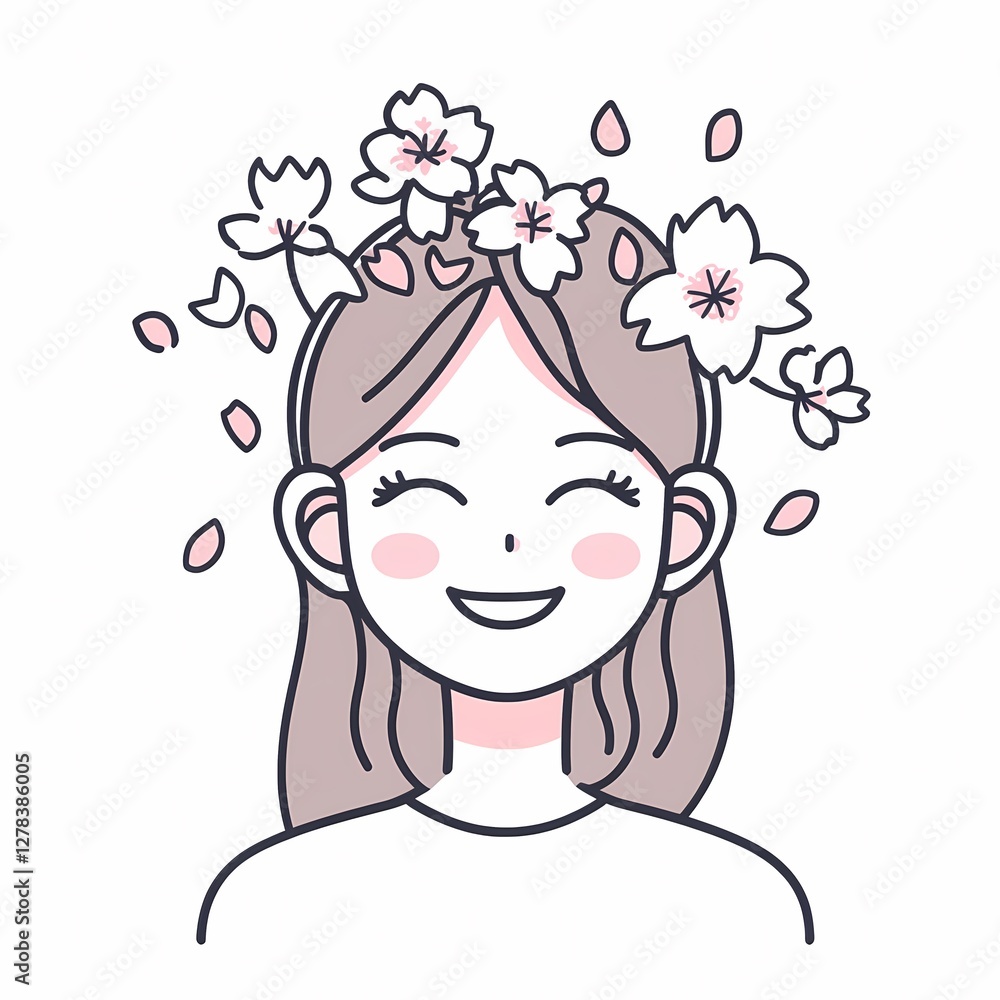Obraz premium Cute South Korean-style girl with cherry blossoms in her hair, simple and stylish vector art.