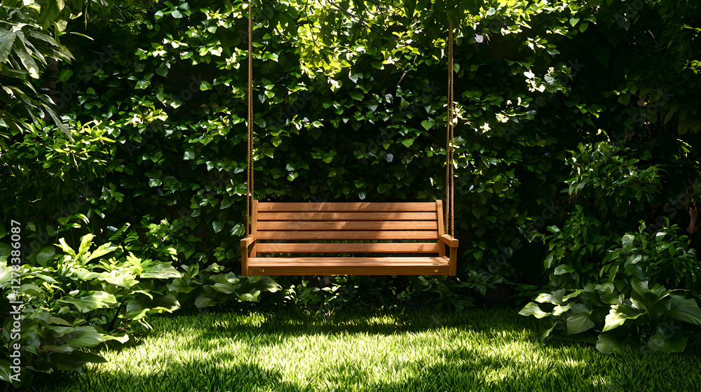 Wooden Swing Hanging from a Tree in a Lush Green Garden with Sunlight Wooden Swing Hanging from a Tree in a Lush Green Garden with Sunlight