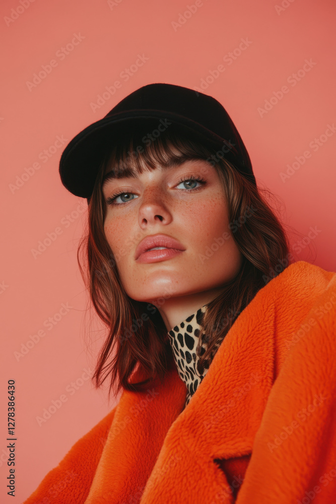 Fashion model posing with black cap and orange coat on pink background Fashion model posing with black cap and orange coat on pink background