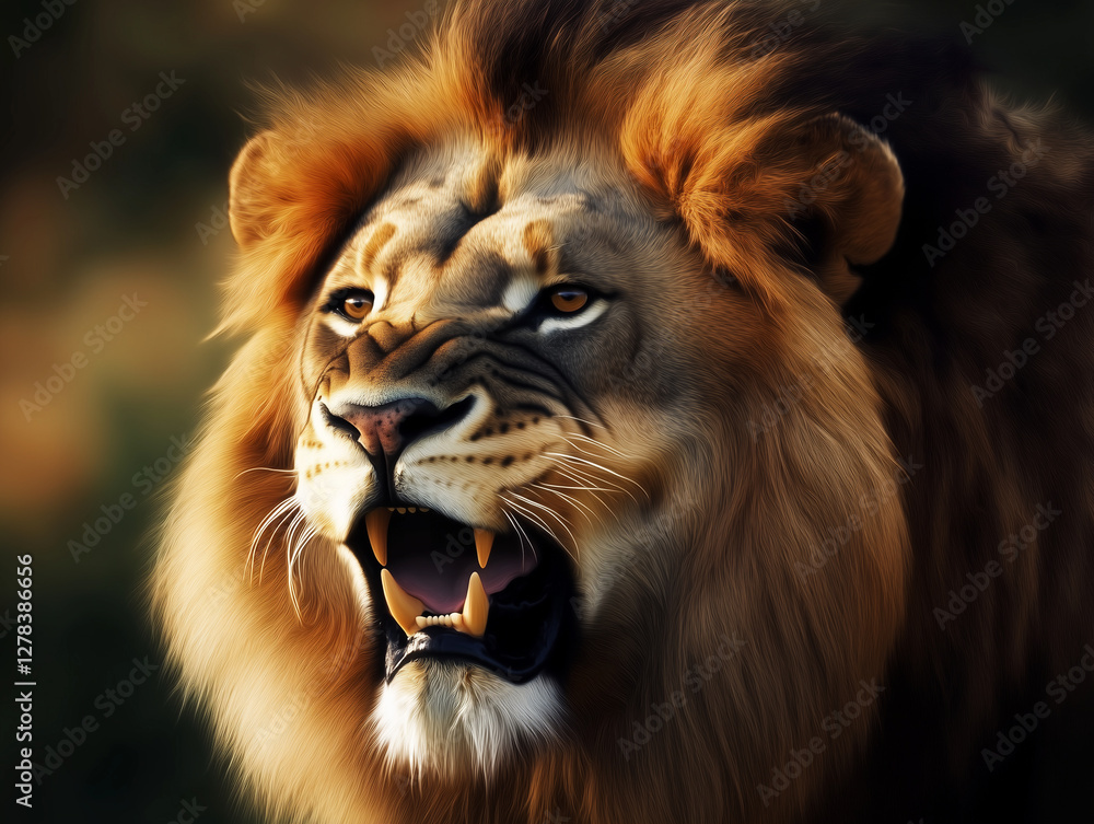 Naklejka premium Majestic headshot of a roaring lion with a golden mane, symbolizing strength and dominance, as the king of the jungle commands attention with its powerful presence and regal expression