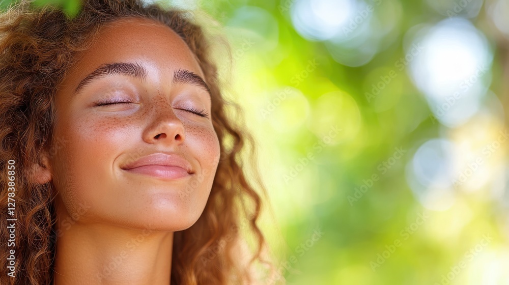 Relaxed woman enjoying serene moments in the green forest air Relaxed woman enjoying serene moments in the green forest air