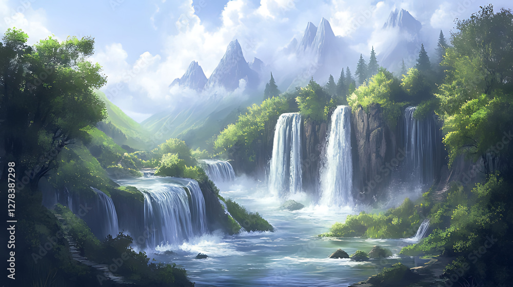 Fototapeta premium Breathtaking Scenic Waterfall Landscape with Majestic Mountains and Forests