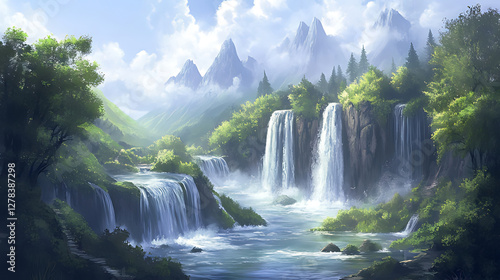 Breathtaking Scenic Waterfall Landscape with Majestic Mountains and Forests