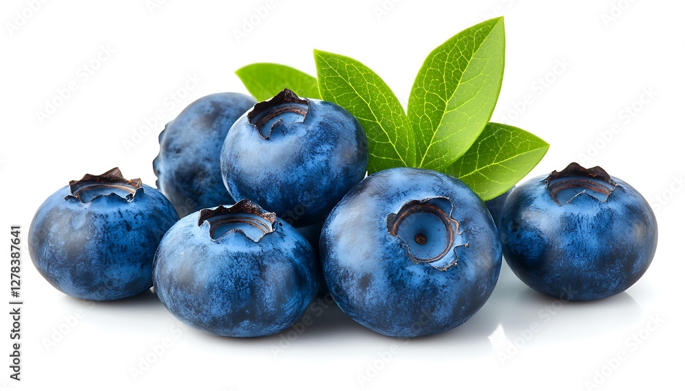 Fresh blueberries, leaves, white background, food Fresh blueberries, leaves, white background, food