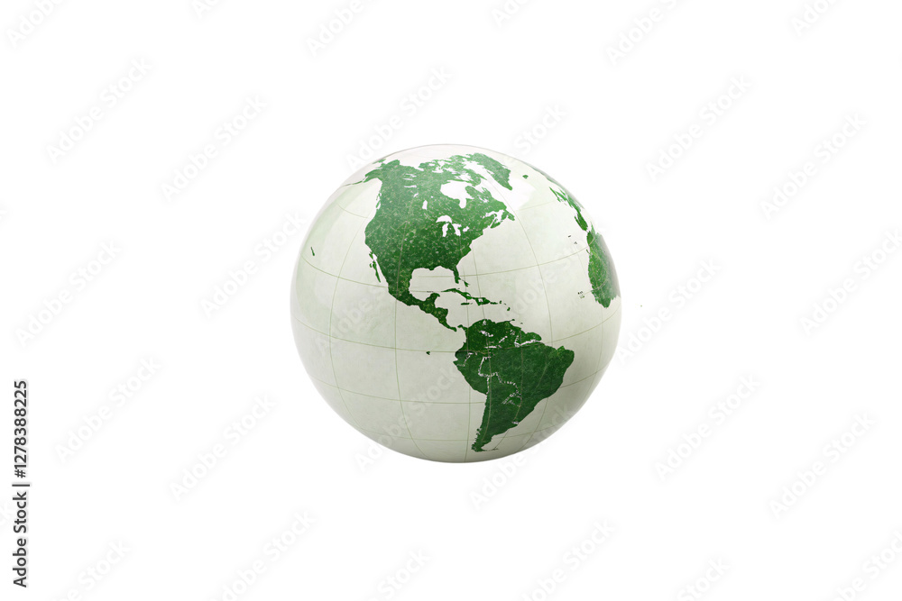 Naklejka premium A globe with green continents on a white background symbolizes environmental consciousness, sustainability, isolated on a transparent background