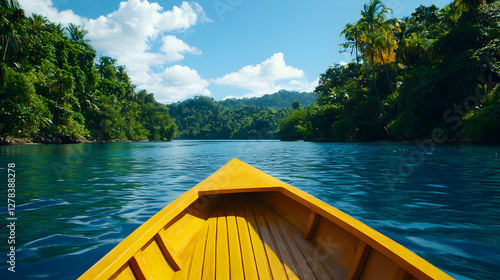 Yellow Boat Navigating A Lush Tropical River