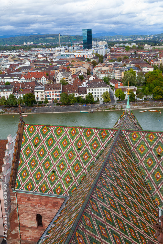 Aerial view of the Basel with ornate 'Munster tower' with Rhine river