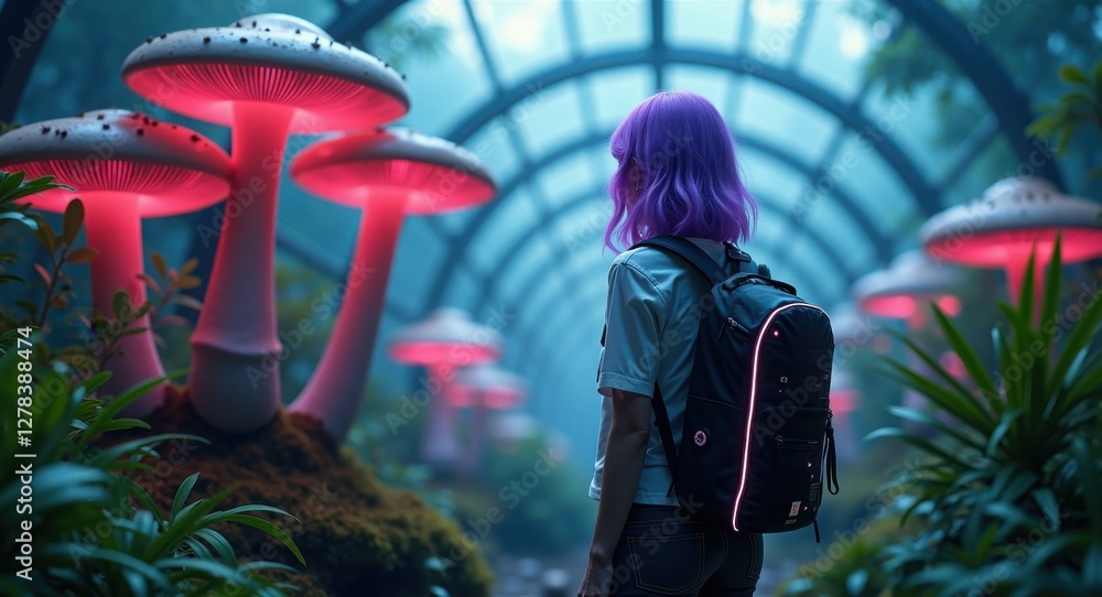 Obraz premium A person with purple hair stands amazed in a mystical forest, surrounded by oversized glowing mushrooms. The ethereal ambiance creates a captivating atmosphere, enhancing the sense of wonder