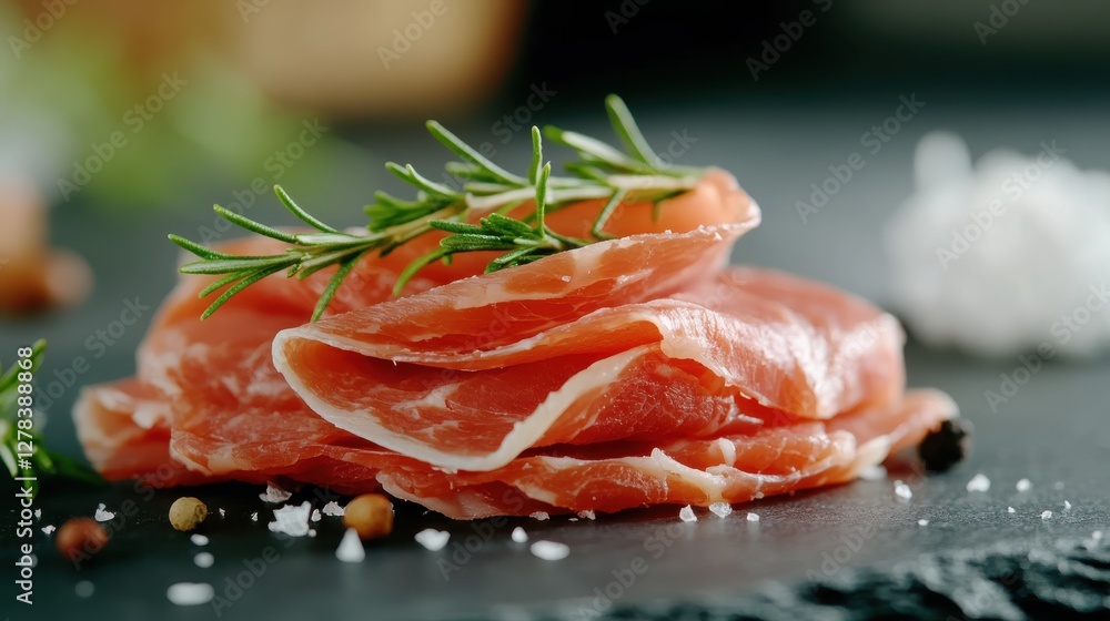 Savory ham slices with herbs and spices on a dark elegant backdrop Savory ham slices with herbs and spices on a dark elegant backdrop