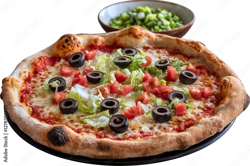 A freshly baked pizza placed on a black plate A freshly baked pizza placed on a black plate
